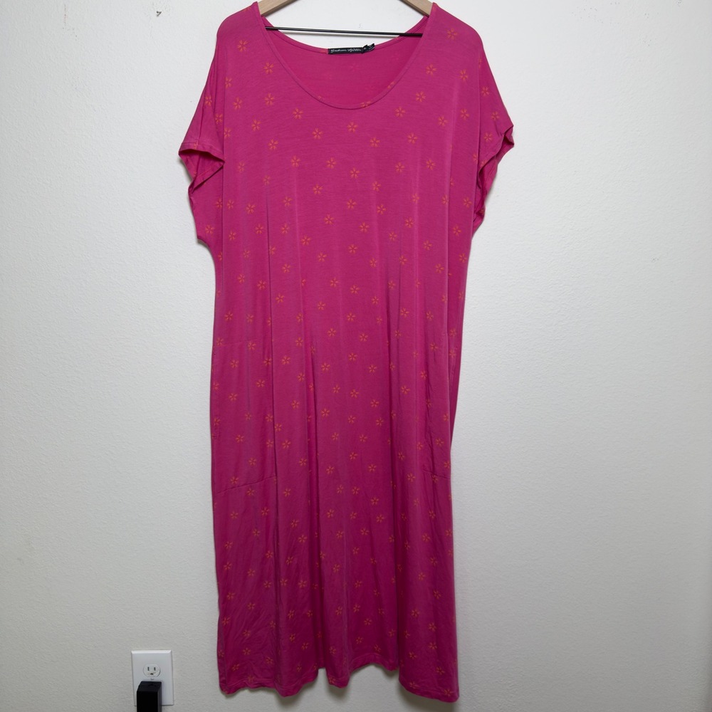 Gudrun Sjoden Women Dress XL Pink Floral Lagenlook Dolman Sleeve Midi Pocket